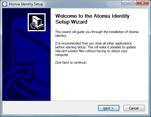Atomia Identity Setup welcome screen