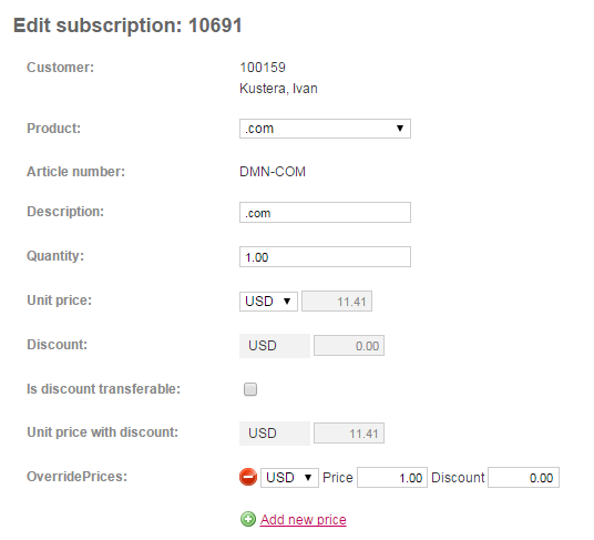 Edit subscription page has support for prices management