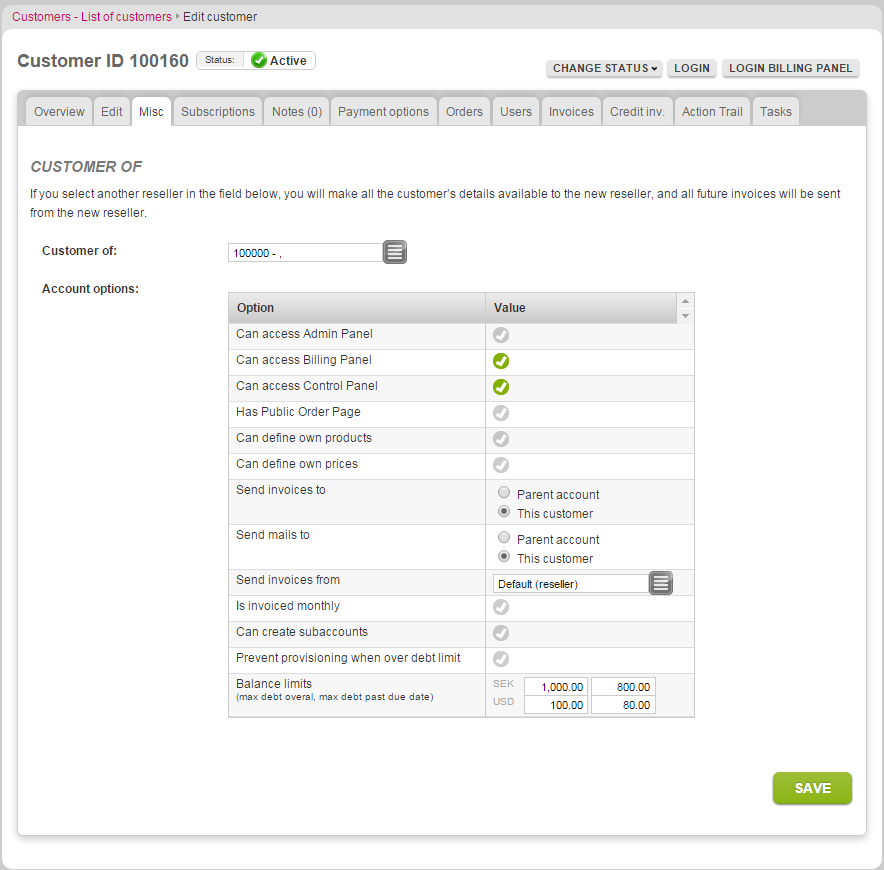 Setting balance limits for customers