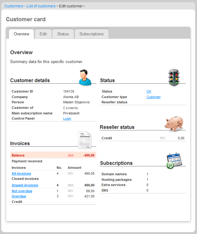 Screenshot of Customer Card
